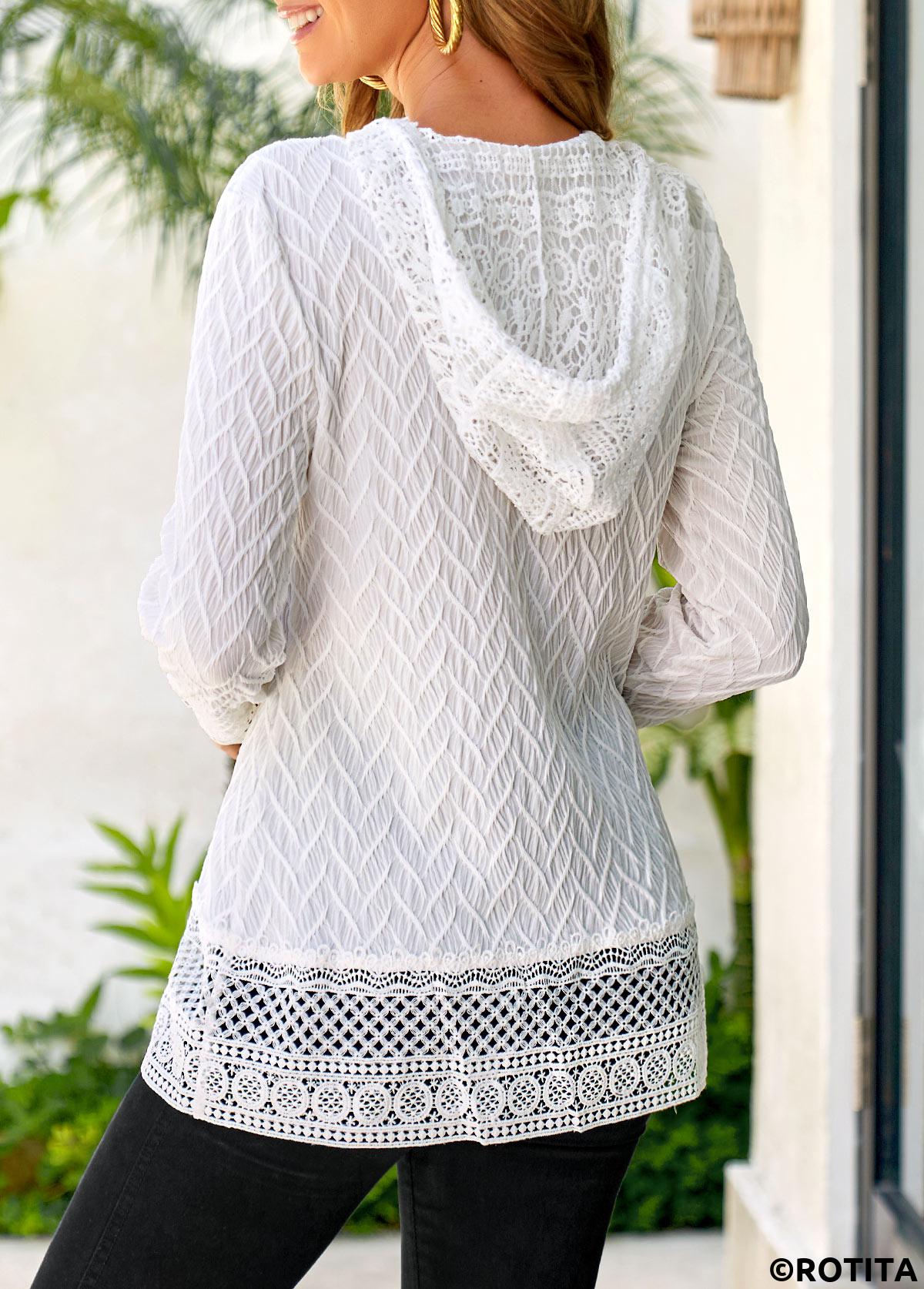 White tops,Plain Color tops,ROTITA Lace Drawstring White Long Sleeve Hoodie