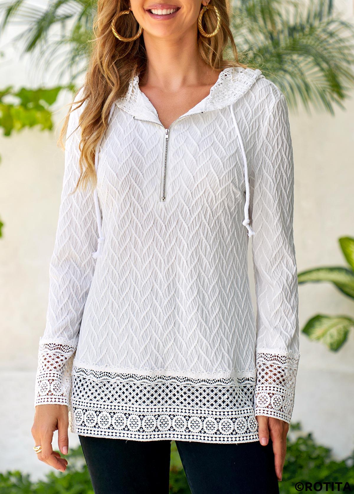 White tops,Plain Color tops,ROTITA Lace Drawstring White Long Sleeve Hoodie