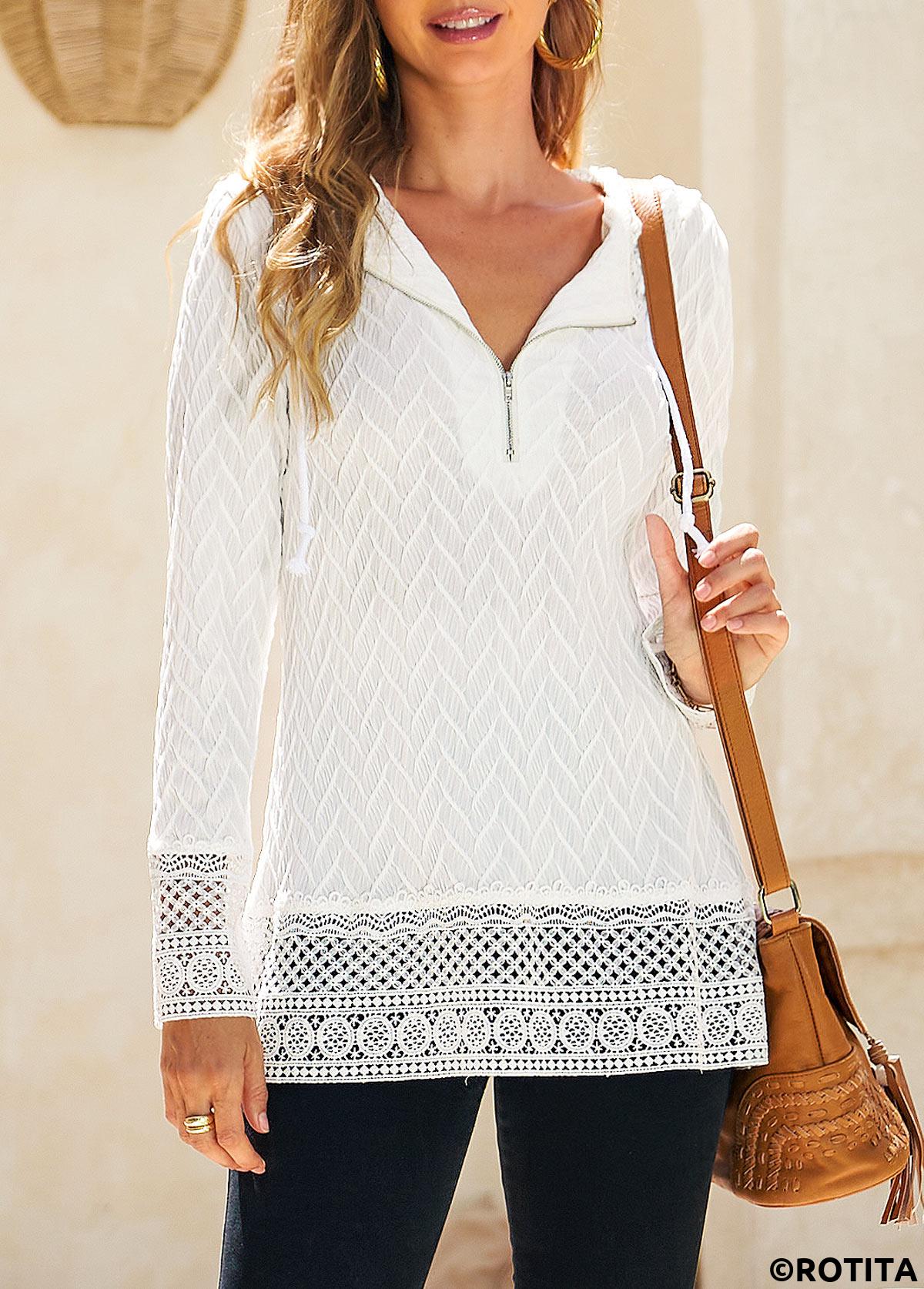 White tops,Plain Color tops,ROTITA Lace Drawstring White Long Sleeve Hoodie