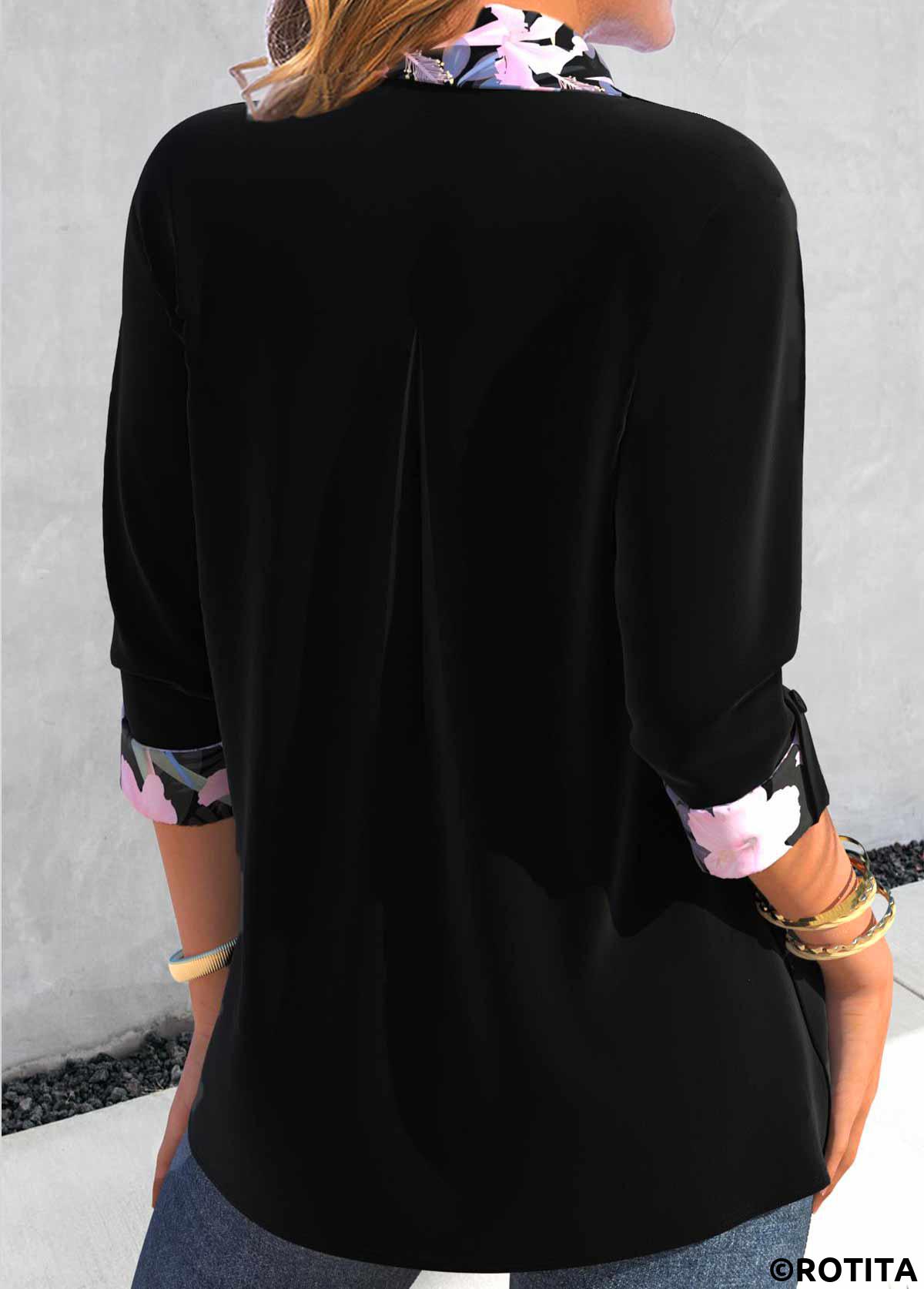 Black tops,Floral tops,Plants tops,ROTITA Fake 2in1 Floral Print Black Shirt Collar Blouse