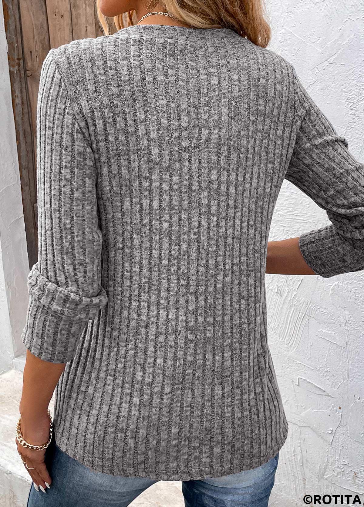 Dark Grey tops,Plain Color tops,Dark Grey Split Neck Button Long Sleeve T Shirt