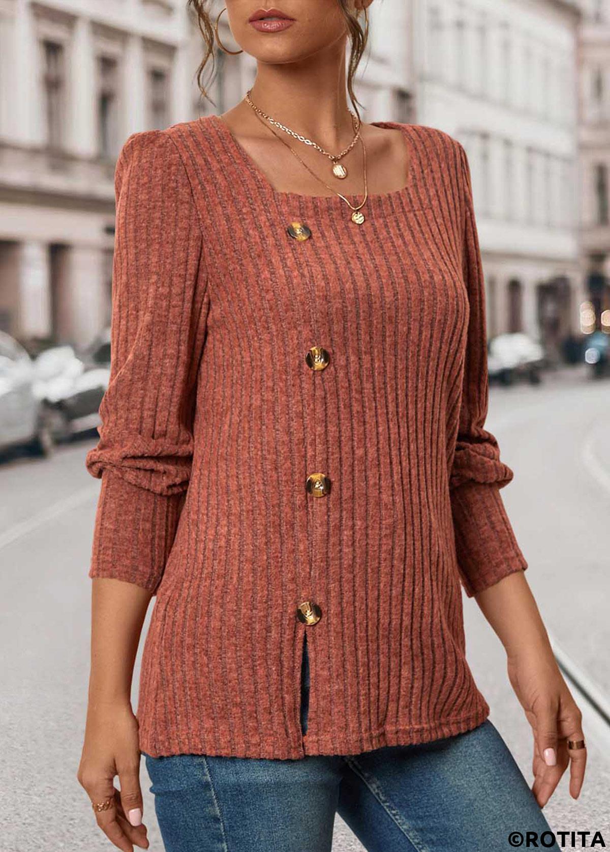 Brick Red tops,Plain Color tops,ROTITA Button Brick Red Square Neck Long Sleeve T Shirt