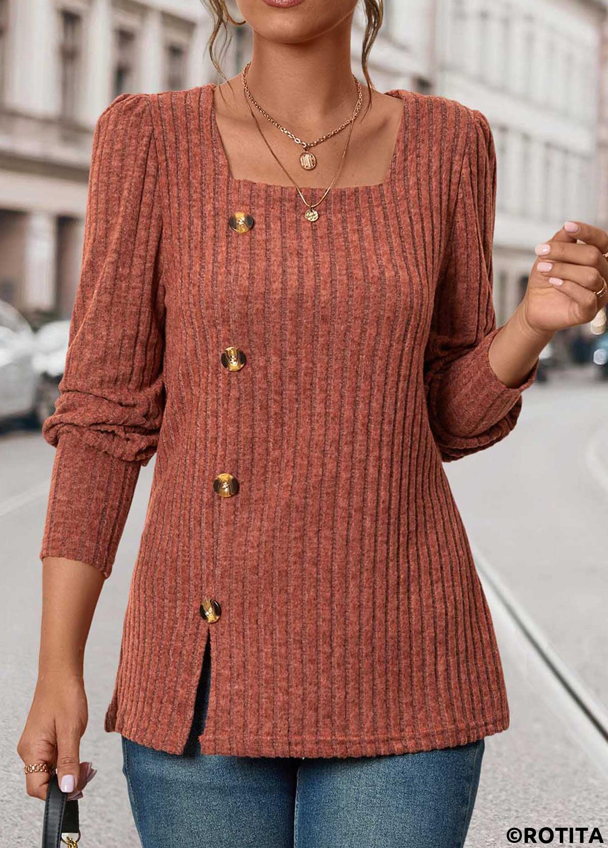 Brick Red tops,Plain Color tops,ROTITA Button Brick Red Square Neck Long Sleeve T Shirt