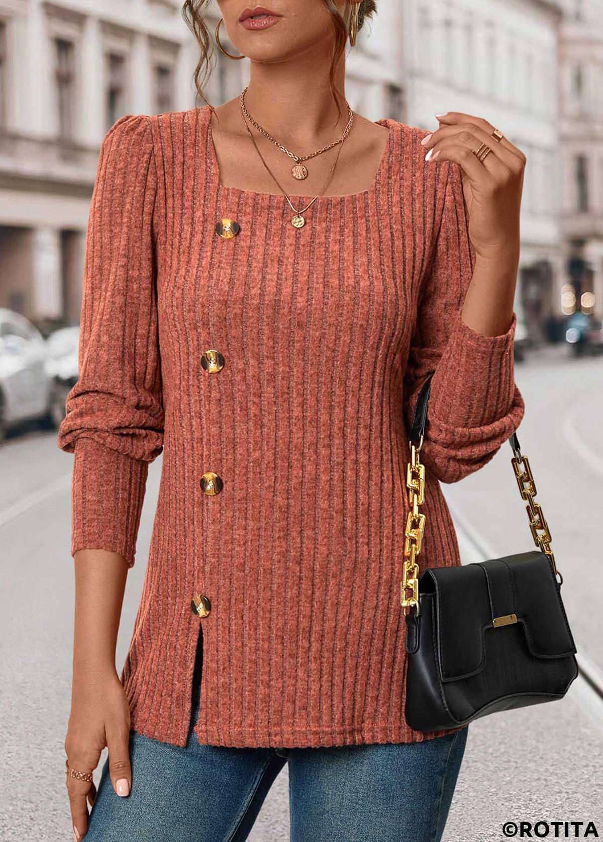 Brick Red tops,Plain Color tops,ROTITA Button Brick Red Square Neck Long Sleeve T Shirt