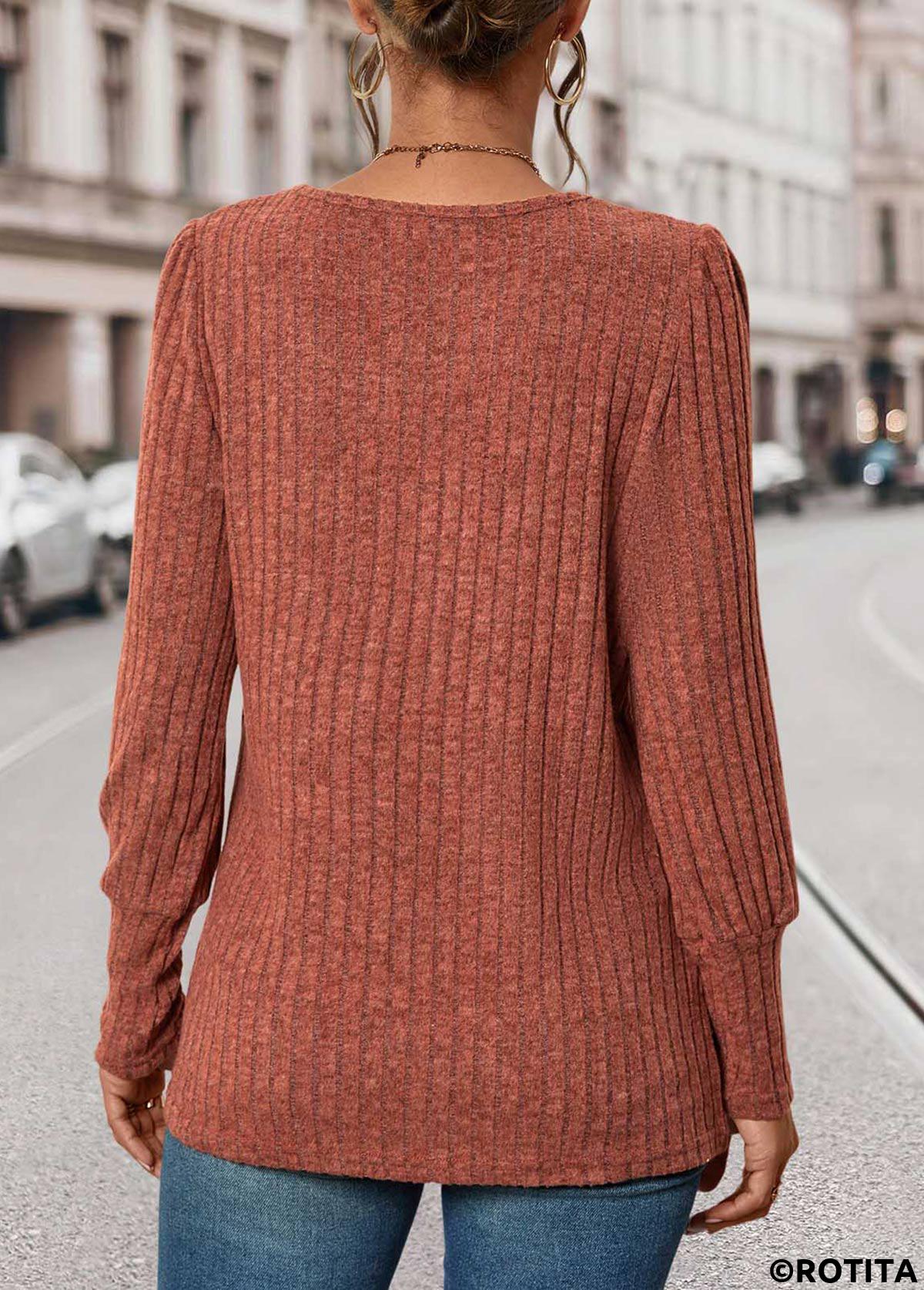 Brick Red tops,Plain Color tops,ROTITA Button Brick Red Square Neck Long Sleeve T Shirt