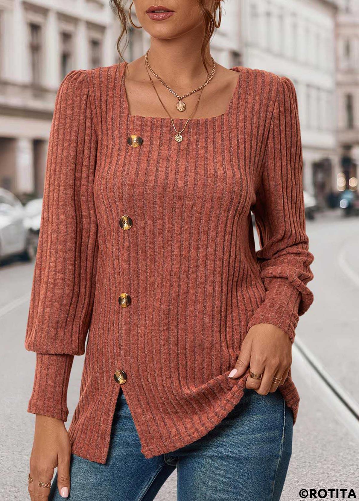 Brick Red tops,Plain Color tops,ROTITA Button Brick Red Square Neck Long Sleeve T Shirt