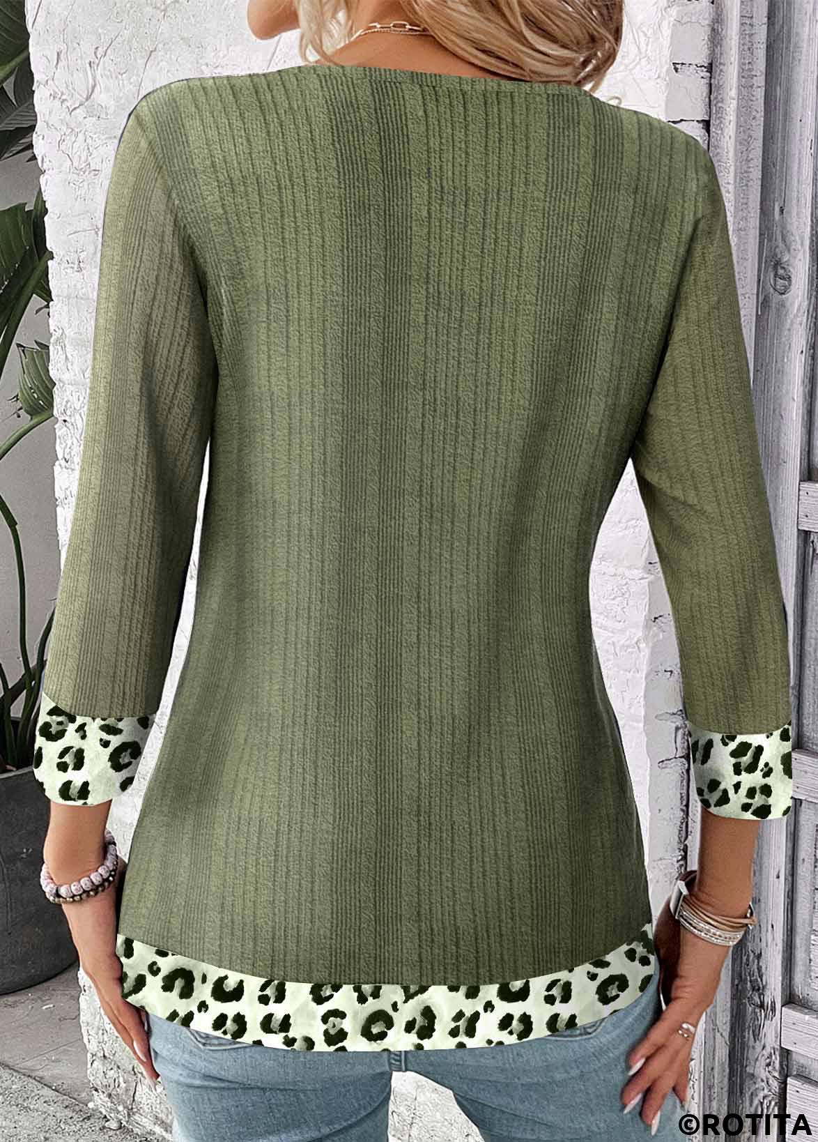 ROTITA Patchwork Leopard Sage Green Heart Collar T Shirt