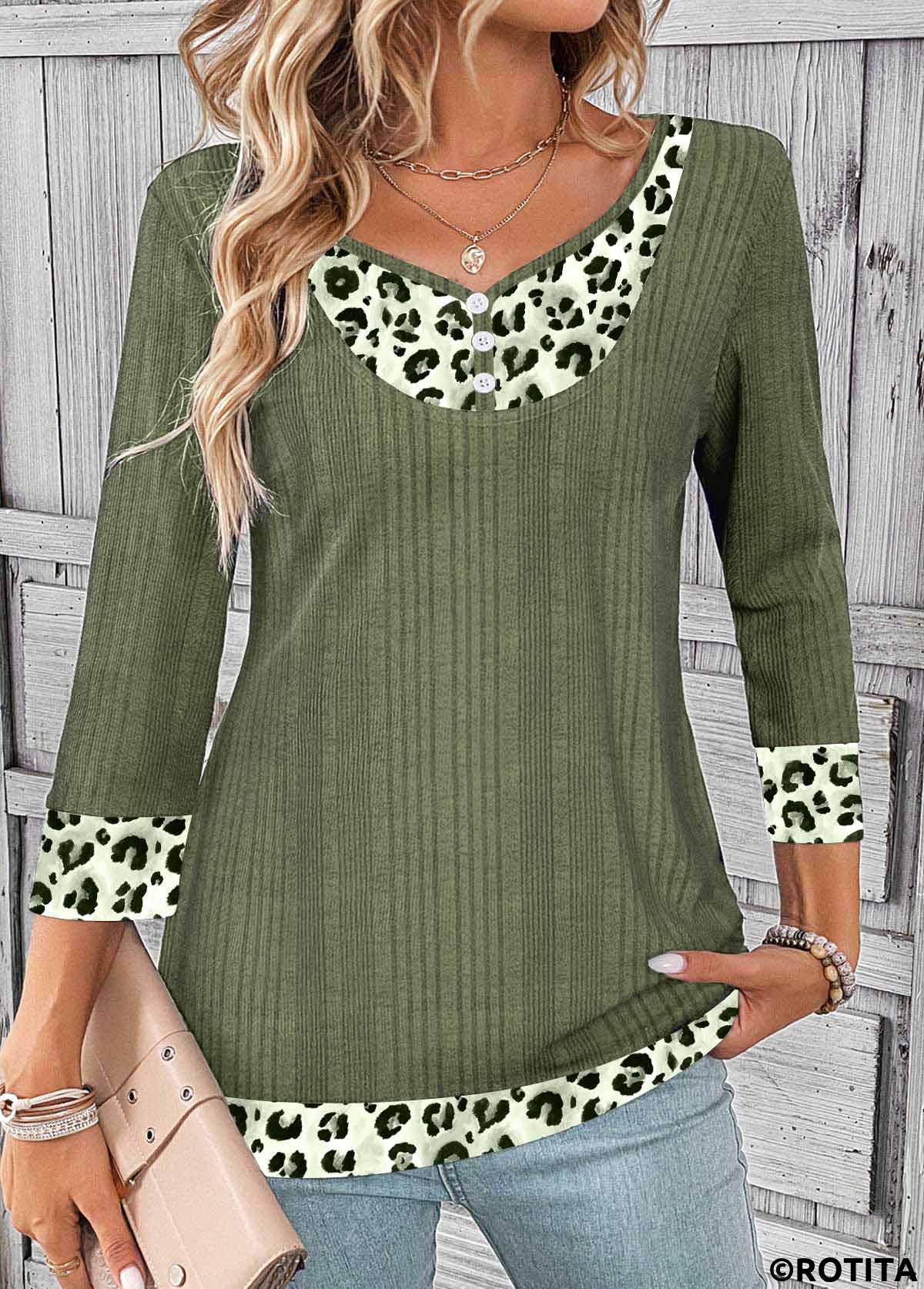 ROTITA Patchwork Leopard Sage Green Heart Collar T Shirt
