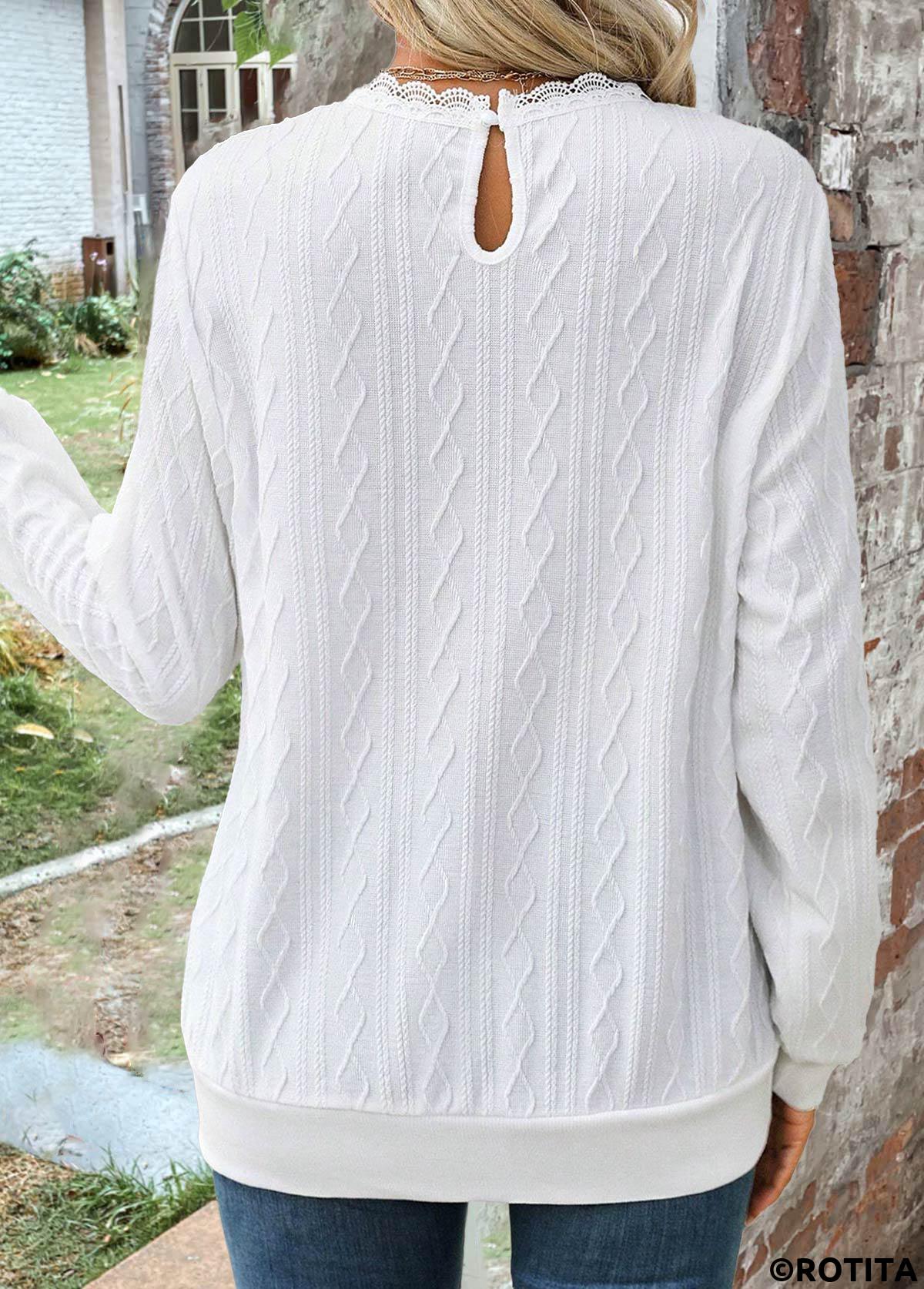 White tops,Plain Color tops,ROTITA Lace White Round Neck Long Sleeve Sweatshirt