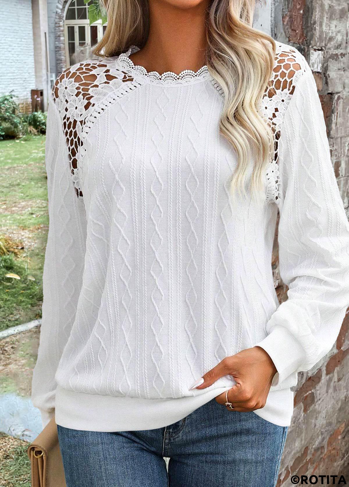 White tops,Plain Color tops,ROTITA Lace White Round Neck Long Sleeve Sweatshirt