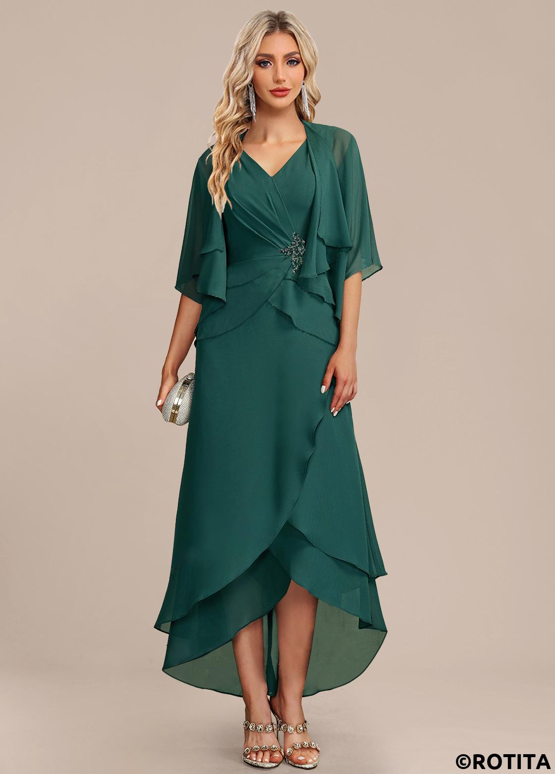 Green dresses,Plain Color dresses,Party dresses,Elegant dresses,ROTITA Scalloped Hem Green High Low Dress and Cardigan