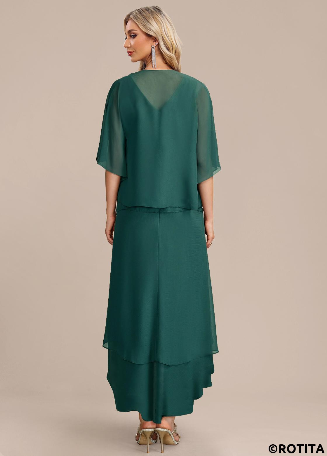 Green dresses,Plain Color dresses,Party dresses,Elegant dresses,ROTITA Scalloped Hem Green High Low Dress and Cardigan