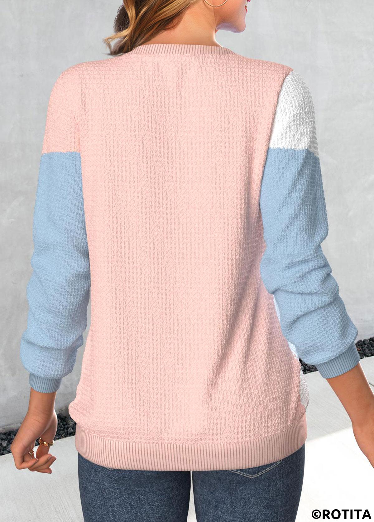 Dusty Pink tops,White tops,Contrast Color tops,ROTITA Patchwork Dusty Pink Round Neck Long Sleeve Sweatshirt
