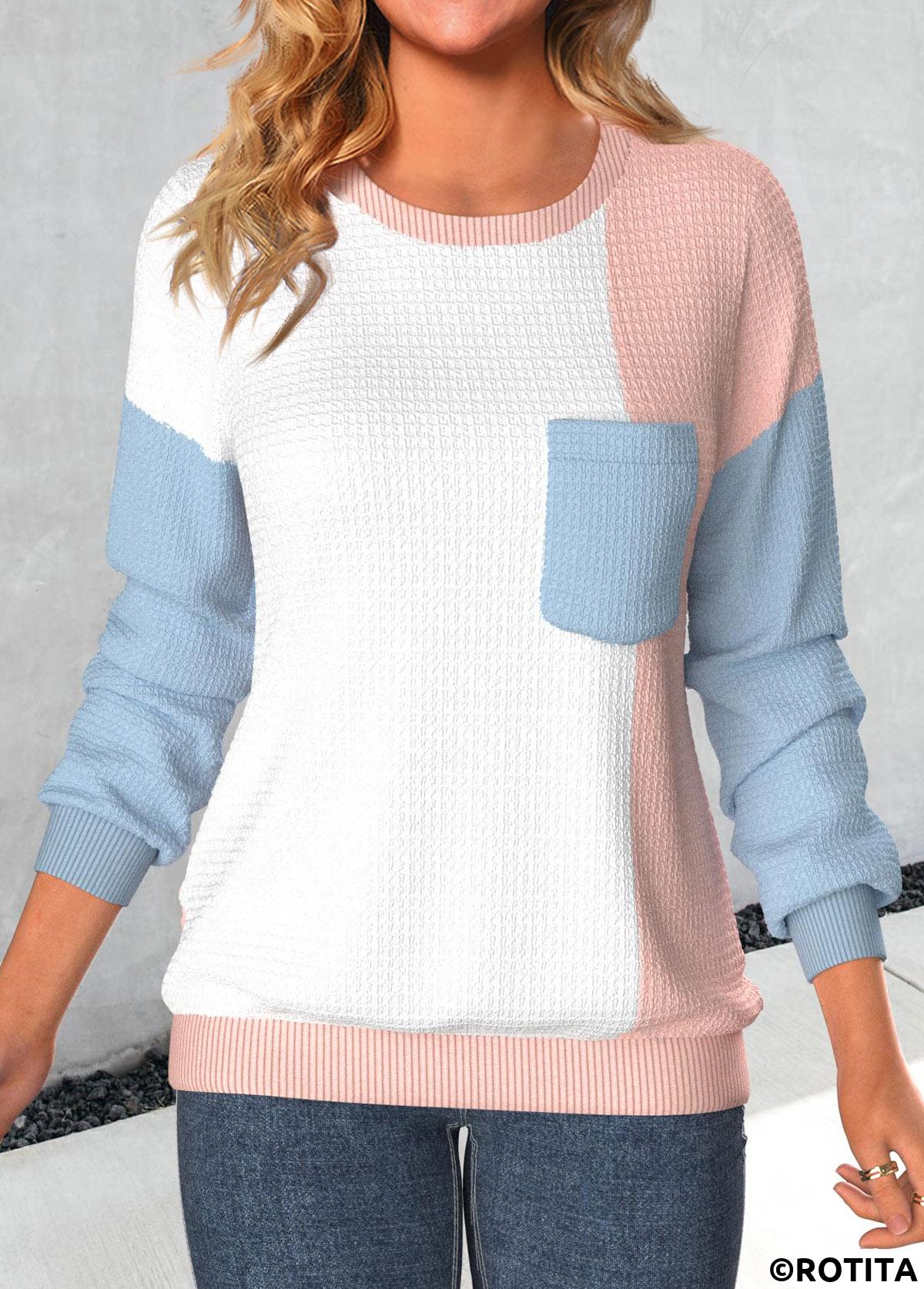 Dusty Pink tops,White tops,Contrast Color tops,ROTITA Patchwork Dusty Pink Round Neck Long Sleeve Sweatshirt