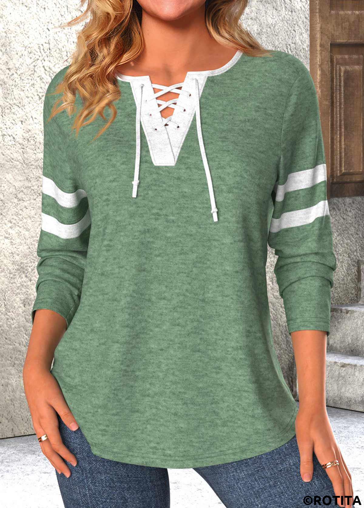 Green tops,Contrast Color tops,Striped tops,ROTITA Lace Up Green Long Sleeve T Shirt