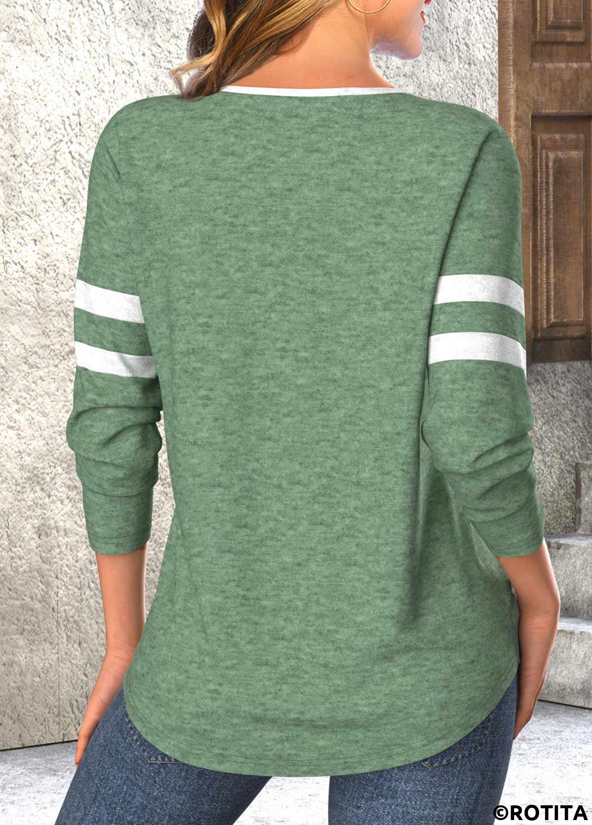 Green tops,Contrast Color tops,Striped tops,ROTITA Lace Up Green Long Sleeve T Shirt