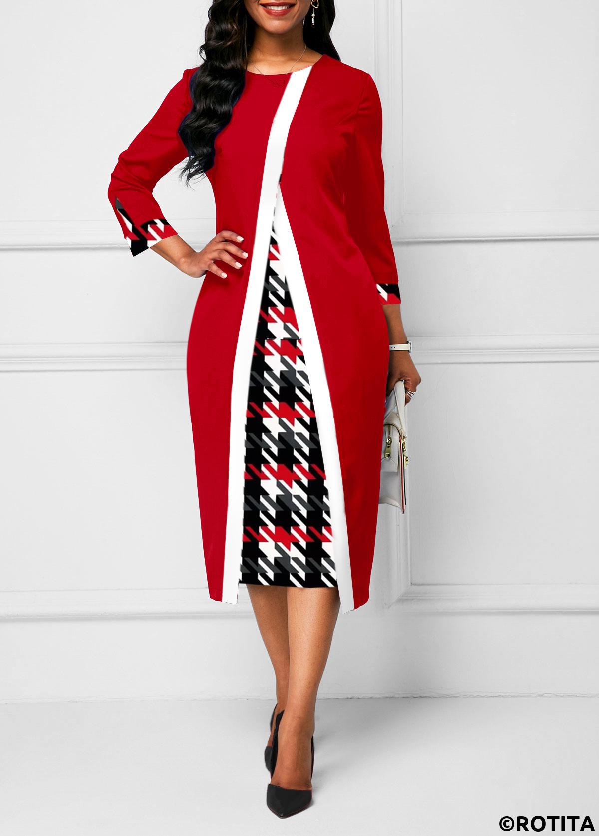 Red dresses,Plaid dresses,Geometric dresses,Striped dresses,Wear to Work dresses,Work dresses,ROTITA Patchwork Plaid Red Round Neck Bodycon Dress