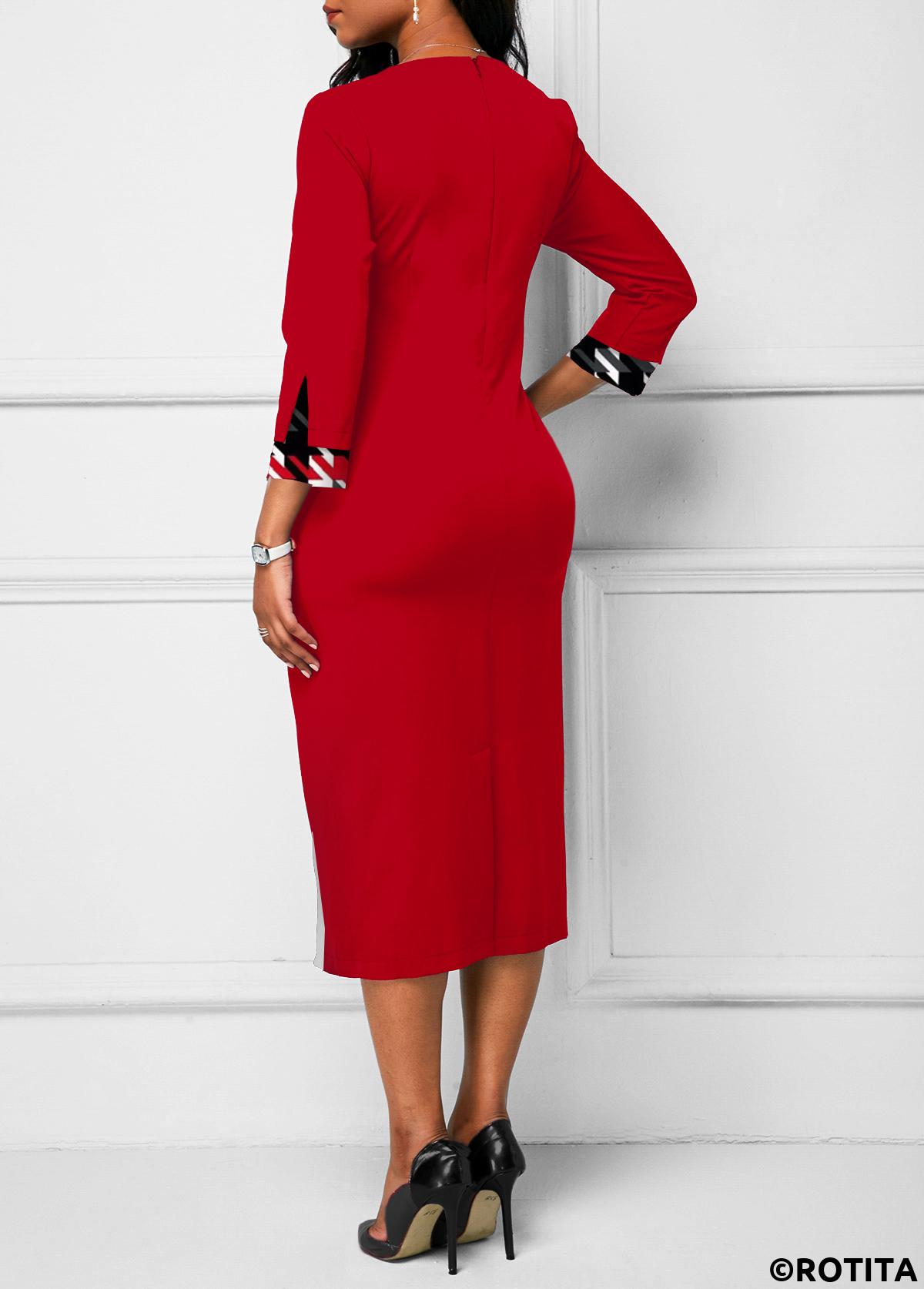 Red dresses,Plaid dresses,Geometric dresses,Striped dresses,Wear to Work dresses,Work dresses,ROTITA Patchwork Plaid Red Round Neck Bodycon Dress