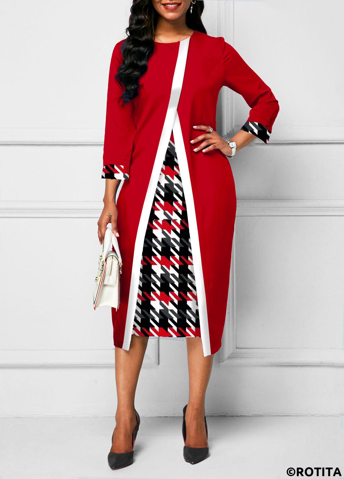 Red dresses,Plaid dresses,Geometric dresses,Striped dresses,Wear to Work dresses,Work dresses,ROTITA Patchwork Plaid Red Round Neck Bodycon Dress