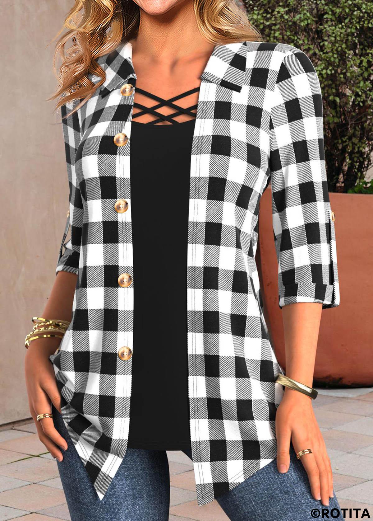Black tops,White tops,Plaid tops,Striped tops,Geometric tops,ROTITA Fake 2in1 Plaid Black Shirt Collar Blouse