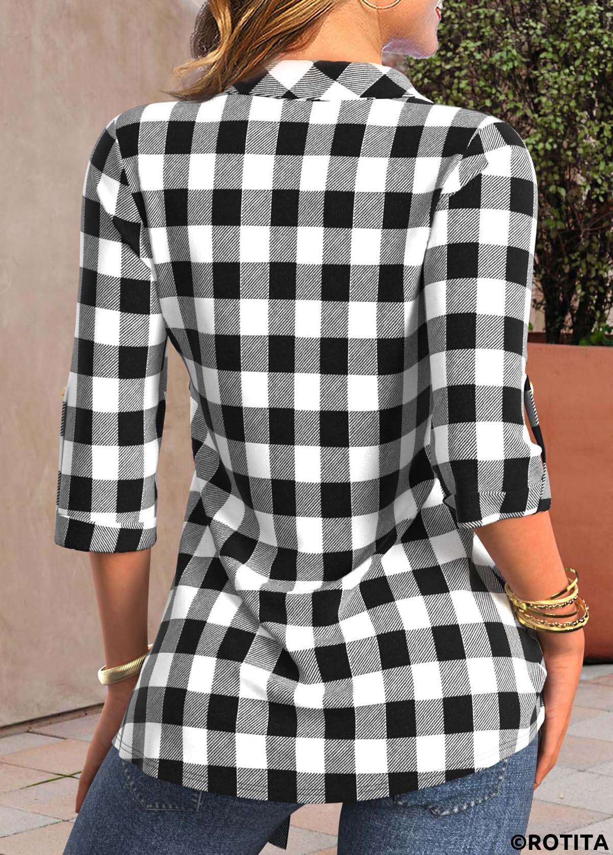 Black tops,White tops,Plaid tops,Striped tops,Geometric tops,ROTITA Fake 2in1 Plaid Black Shirt Collar Blouse