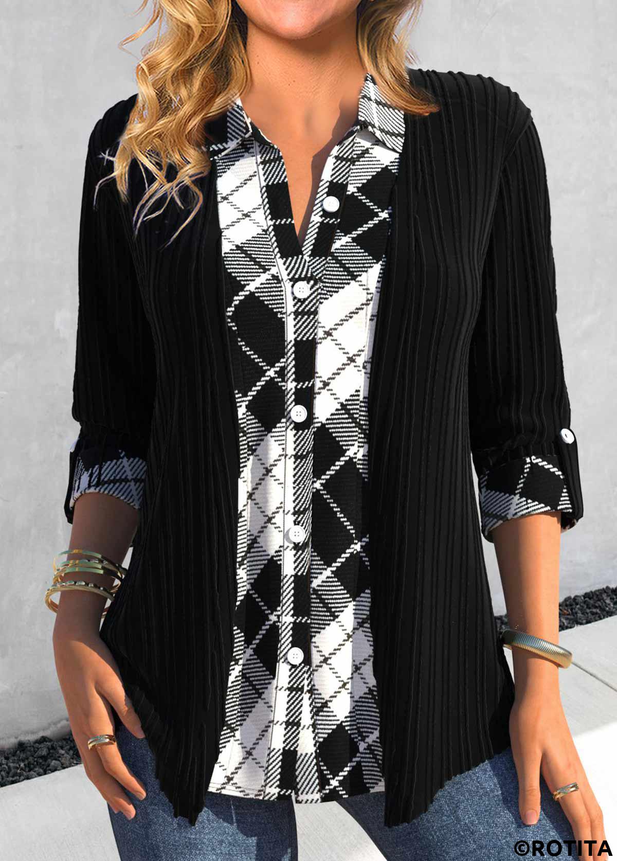 Black tops,Plaid tops,Geometric tops,Striped tops,ROTITA Fake 2in1 Plaid Black Shirt Collar Blouse