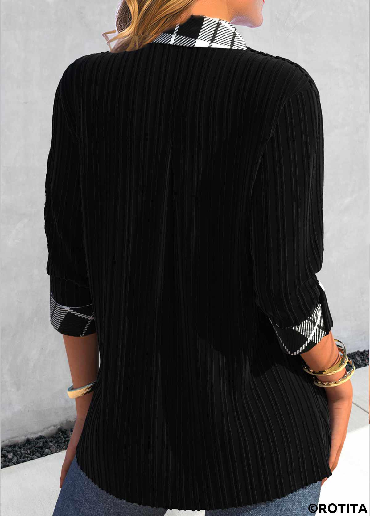 Black tops,Plaid tops,Geometric tops,Striped tops,ROTITA Fake 2in1 Plaid Black Shirt Collar Blouse