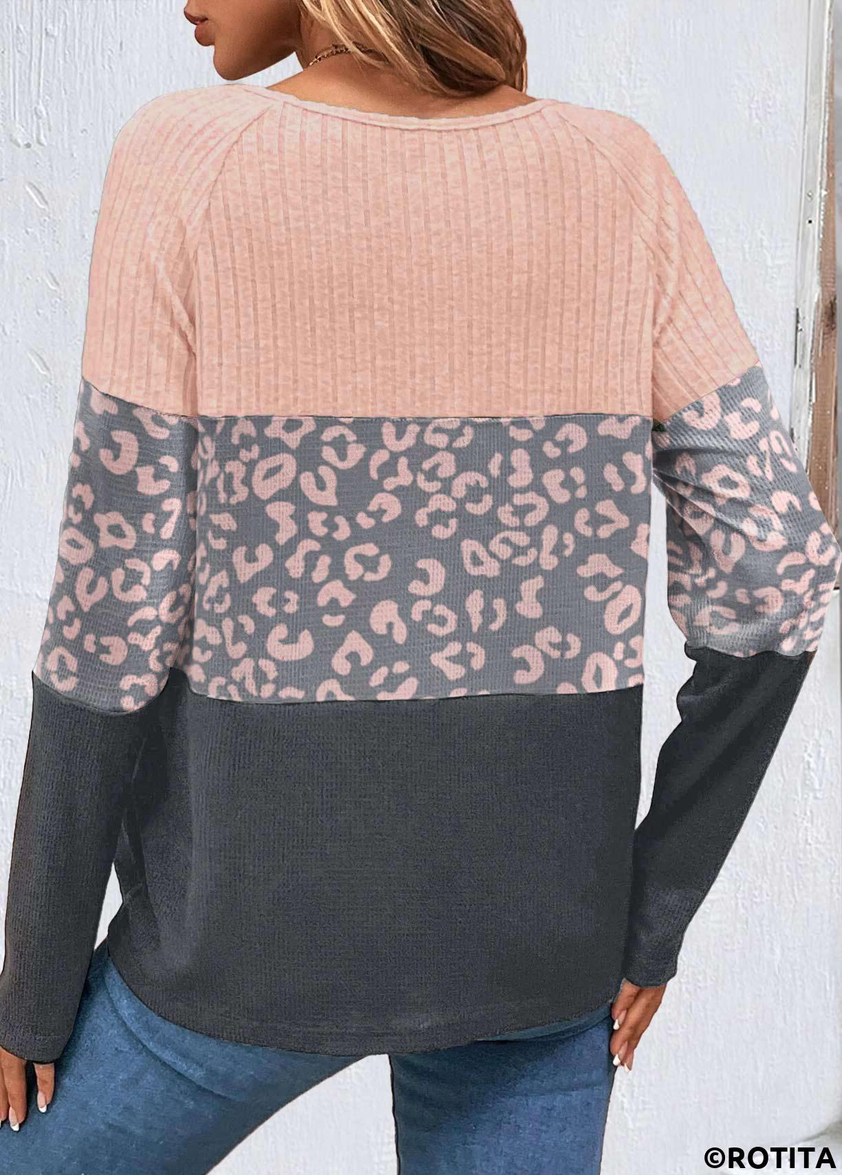 Light Pink tops,Grey tops,Leopard tops,ROTITA Light Pink Leopard Decorative Button Round Neck T Shirt