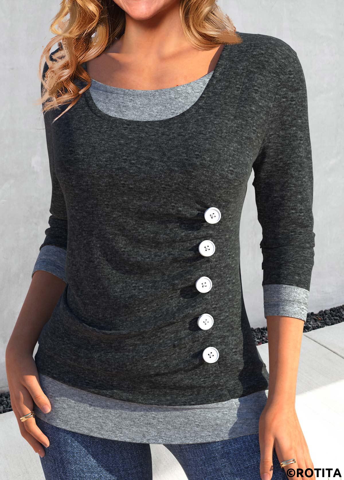 ROTITA Fake 2in1 Dark Grey Scoop Neck T Shirt