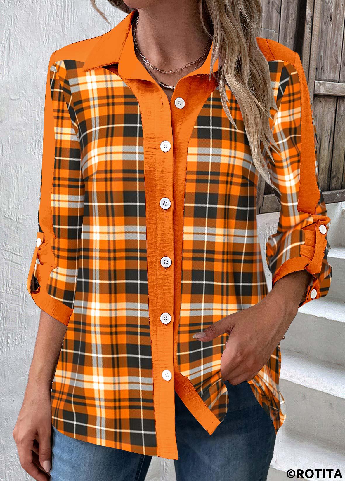 Orange tops,Plaid tops,Striped tops,Geometric tops,ROTITA Patchwork Plaid Orange Shirt Collar Long Sleeve Blouse
