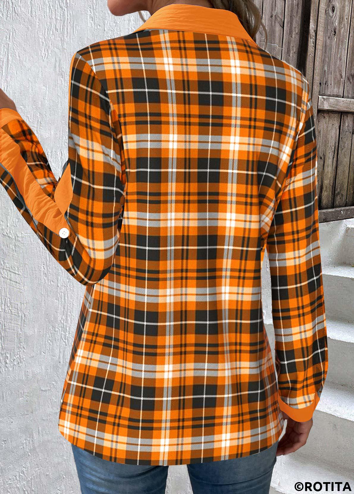 Orange tops,Plaid tops,Striped tops,Geometric tops,ROTITA Patchwork Plaid Orange Shirt Collar Long Sleeve Blouse