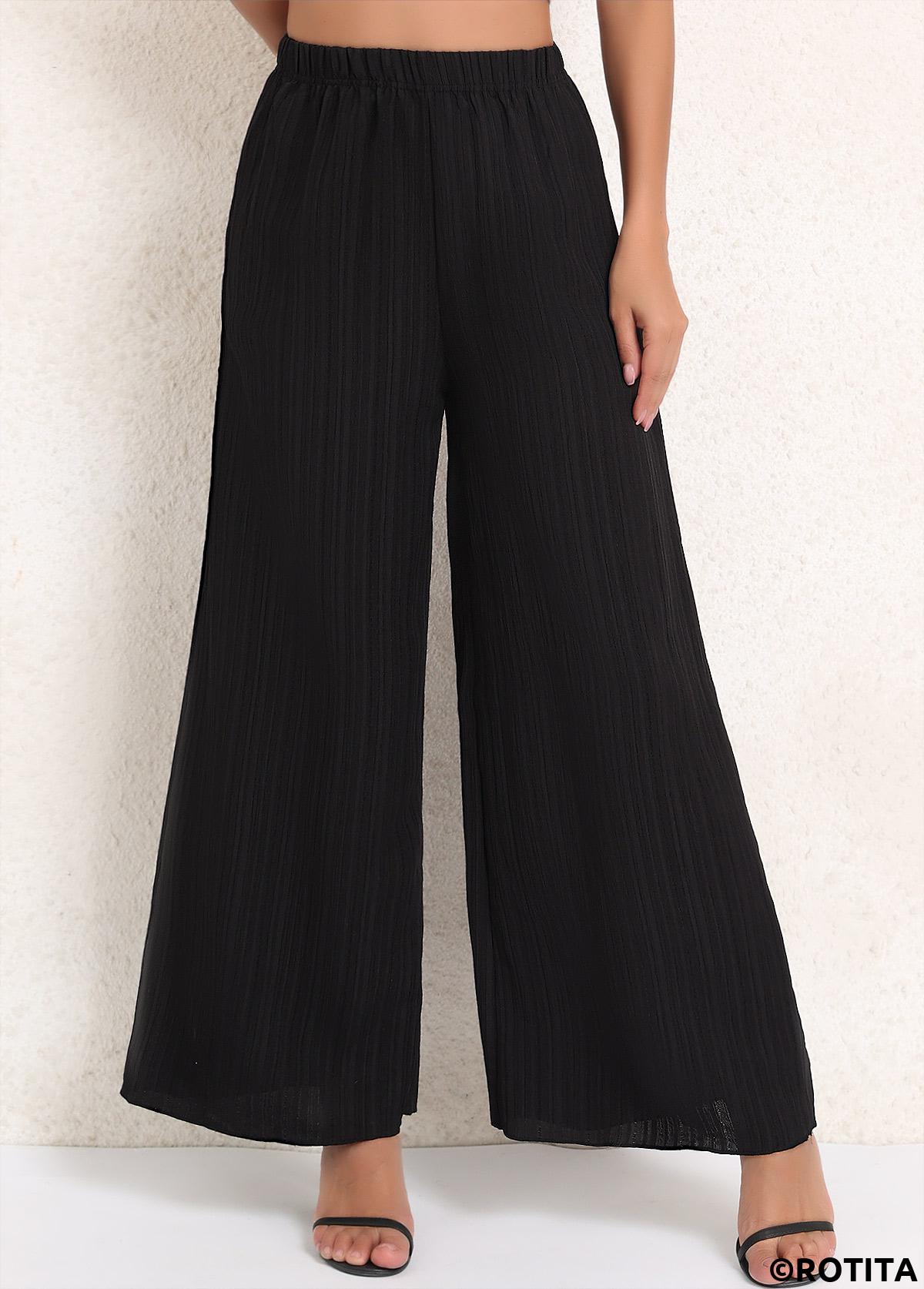 Black bottoms,Plain Color bottoms,Ruched Black Elastic Waist High Waisted Pants