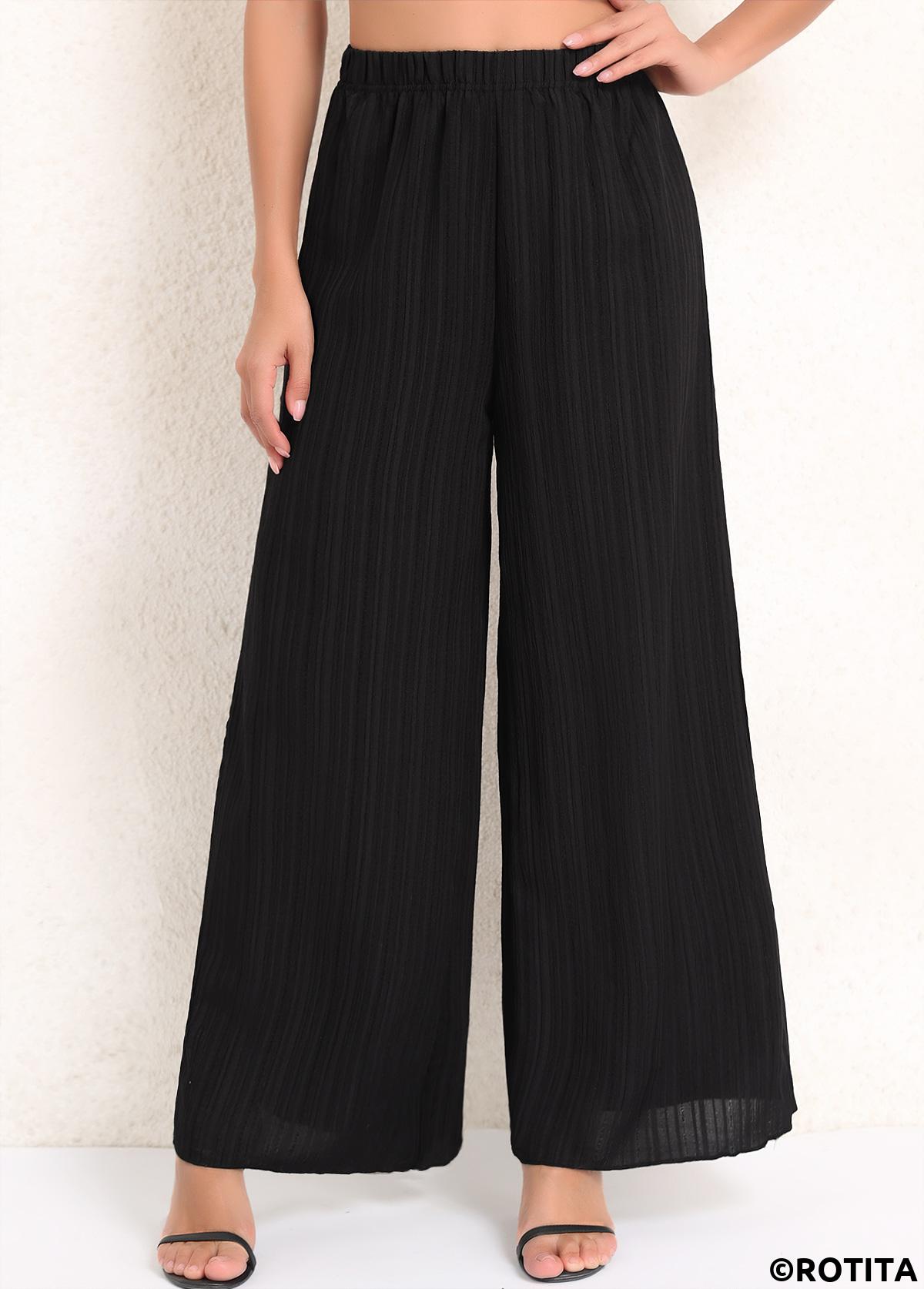 Black bottoms,Plain Color bottoms,Ruched Black Elastic Waist High Waisted Pants