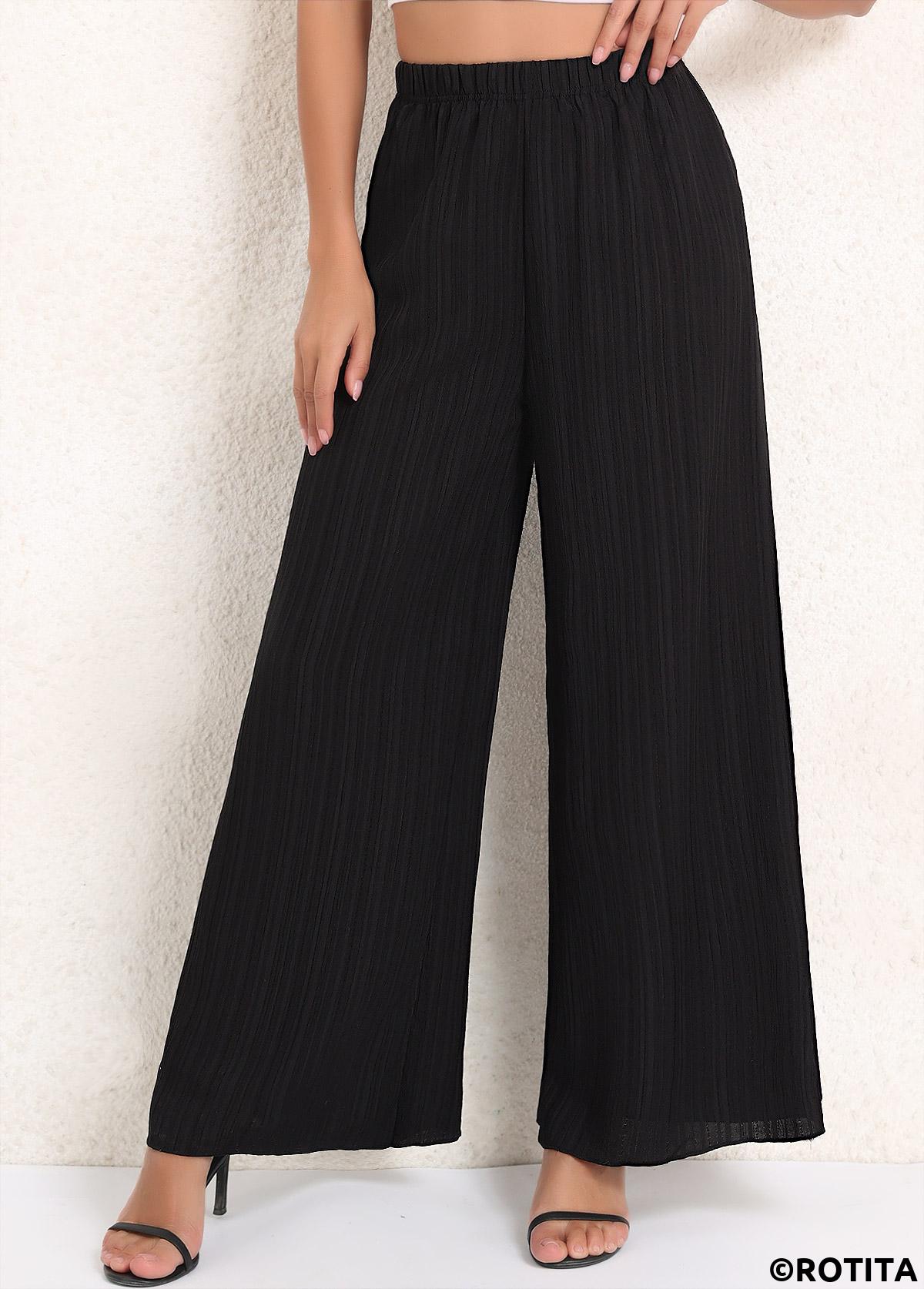Black bottoms,Plain Color bottoms,Ruched Black Elastic Waist High Waisted Pants