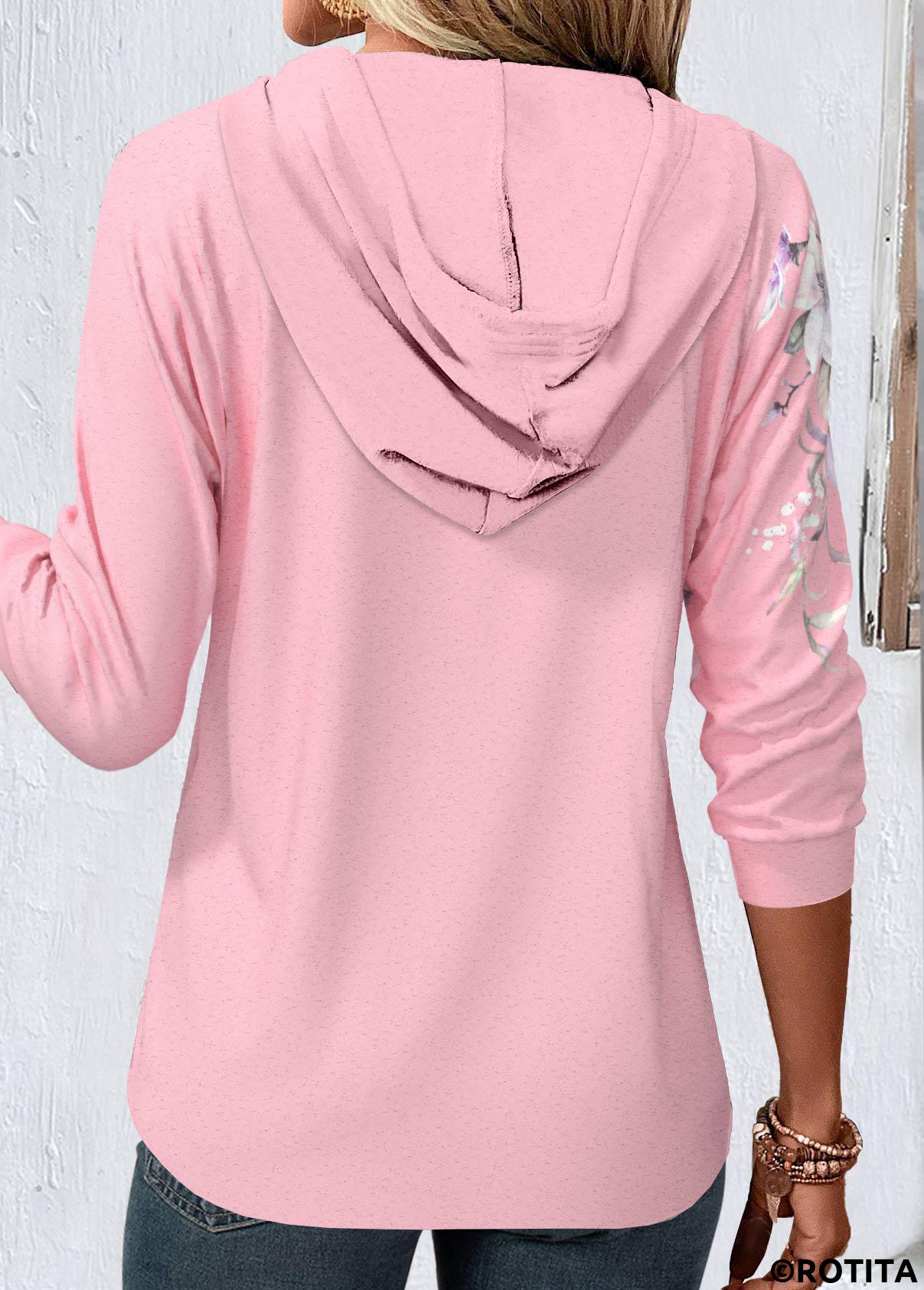 Pink tops,Floral tops,Plants tops,ROTITA Button Floral Print Pink Long Sleeve Hoodie