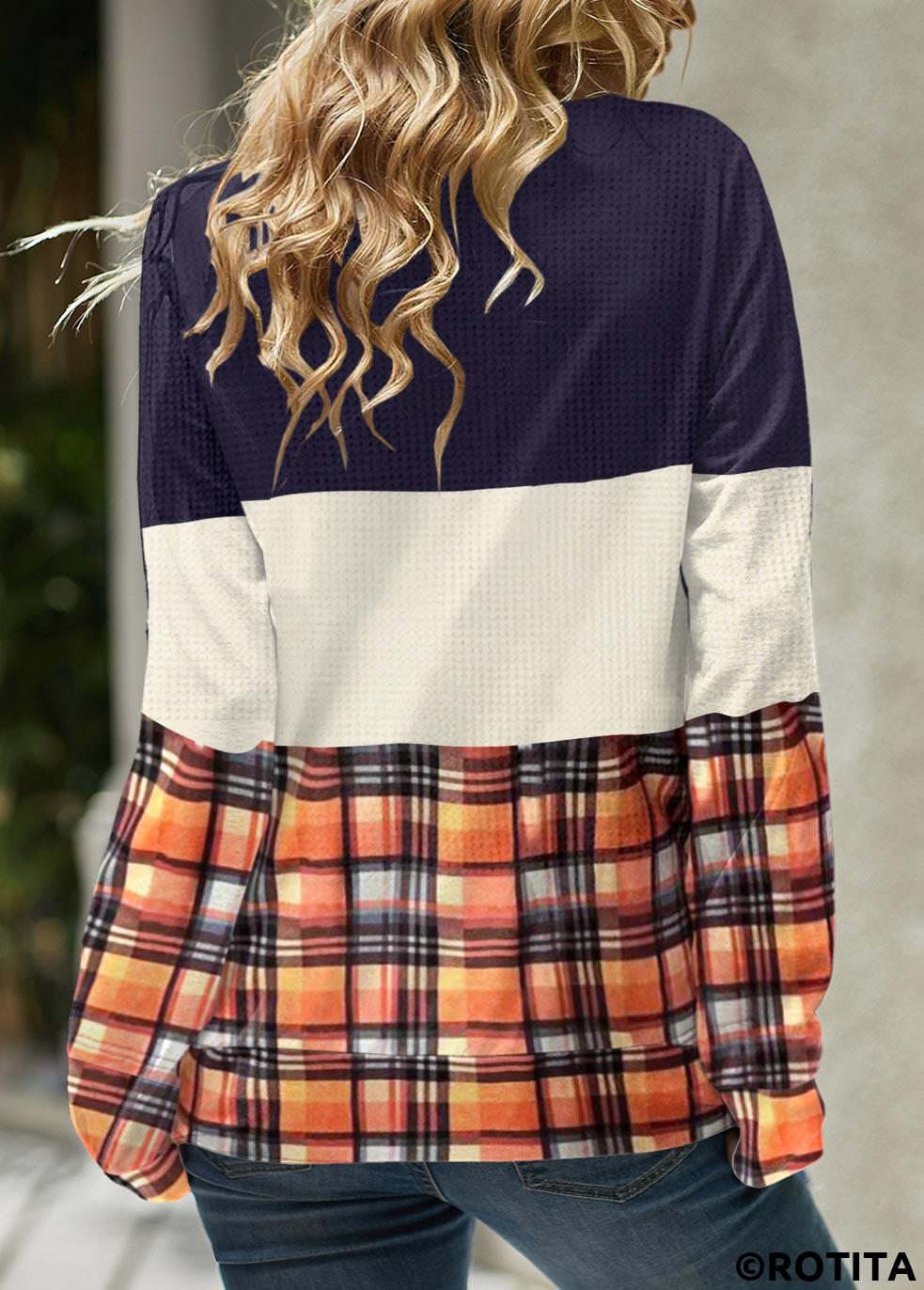 rotita patchwork plaid multicolore split neck sweatshirt