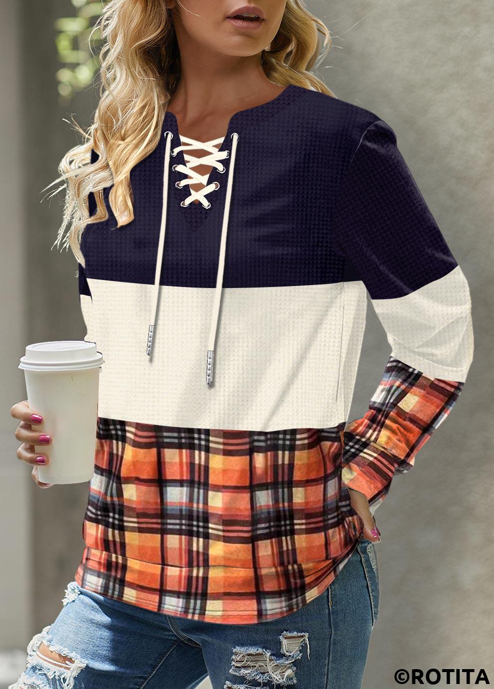 rotita patchwork plaid multicolore split neck sweatshirt