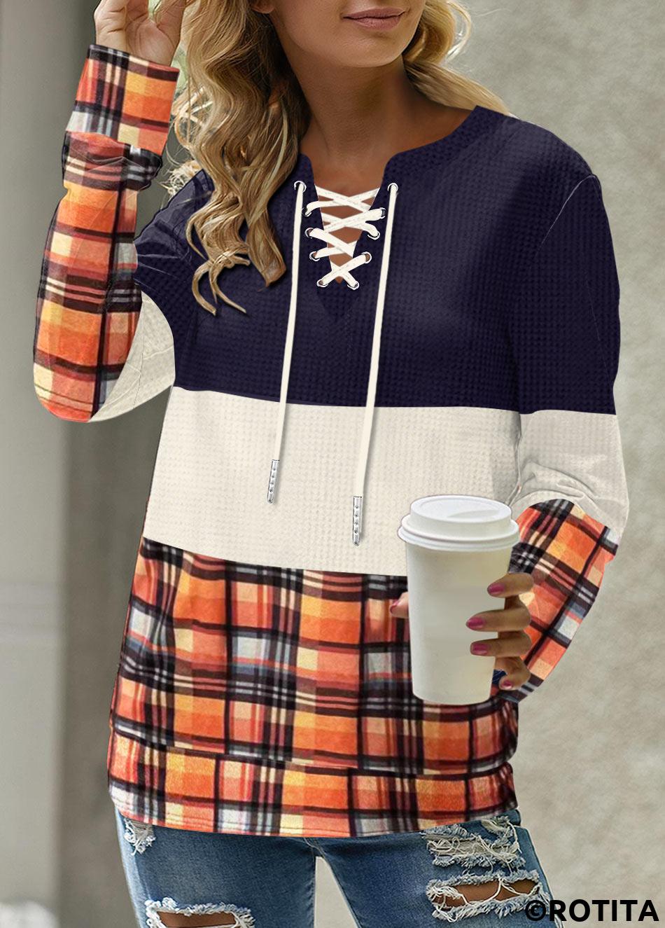 rotita patchwork plaid multicolore split neck sweatshirt