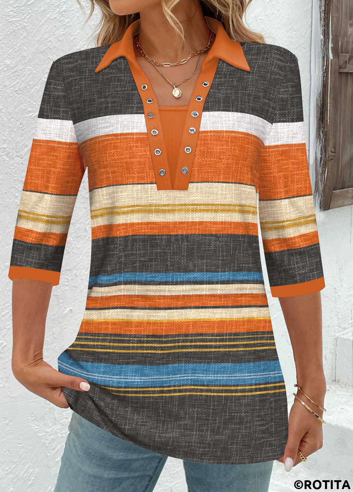 ROTITA Eyelet Striped Orange Shirt Collar 3/4 Sleeve Blouse