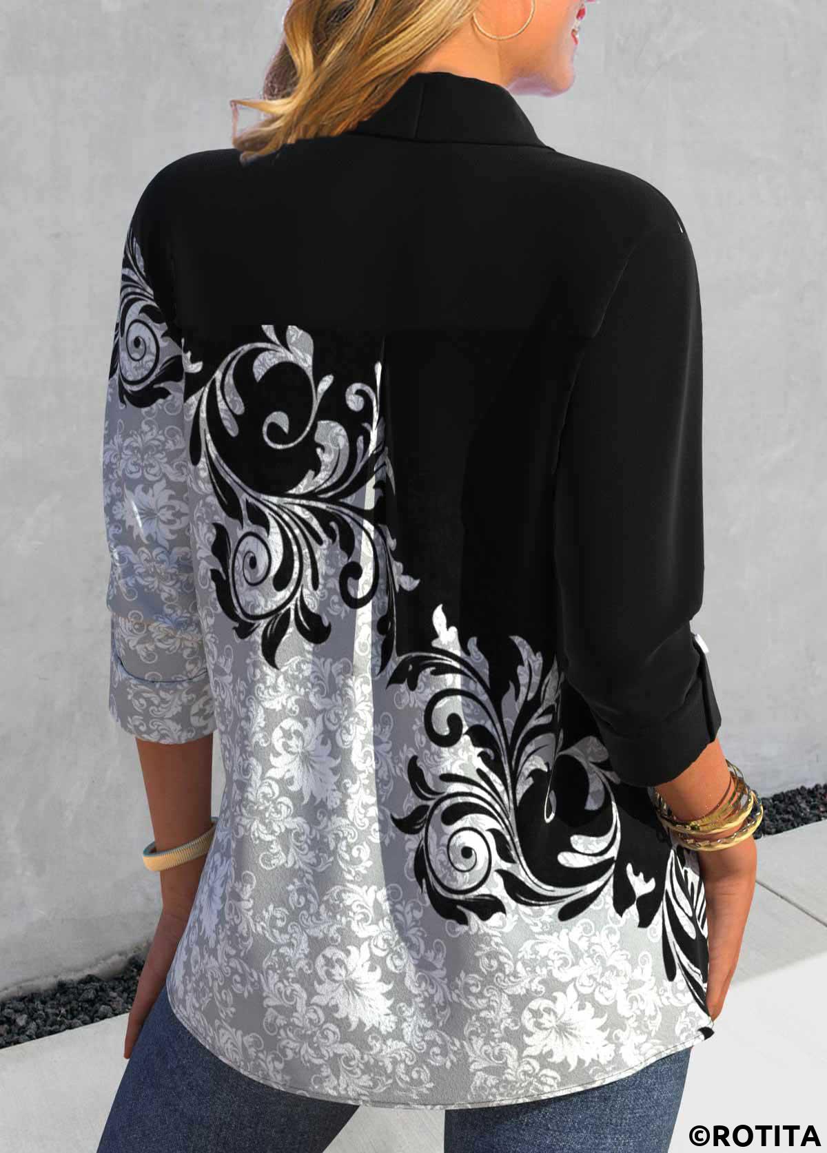 Black tops,White tops,Plants tops,ROTITA Asymmetry Random Floral Print Black Shirt Collar Blouse