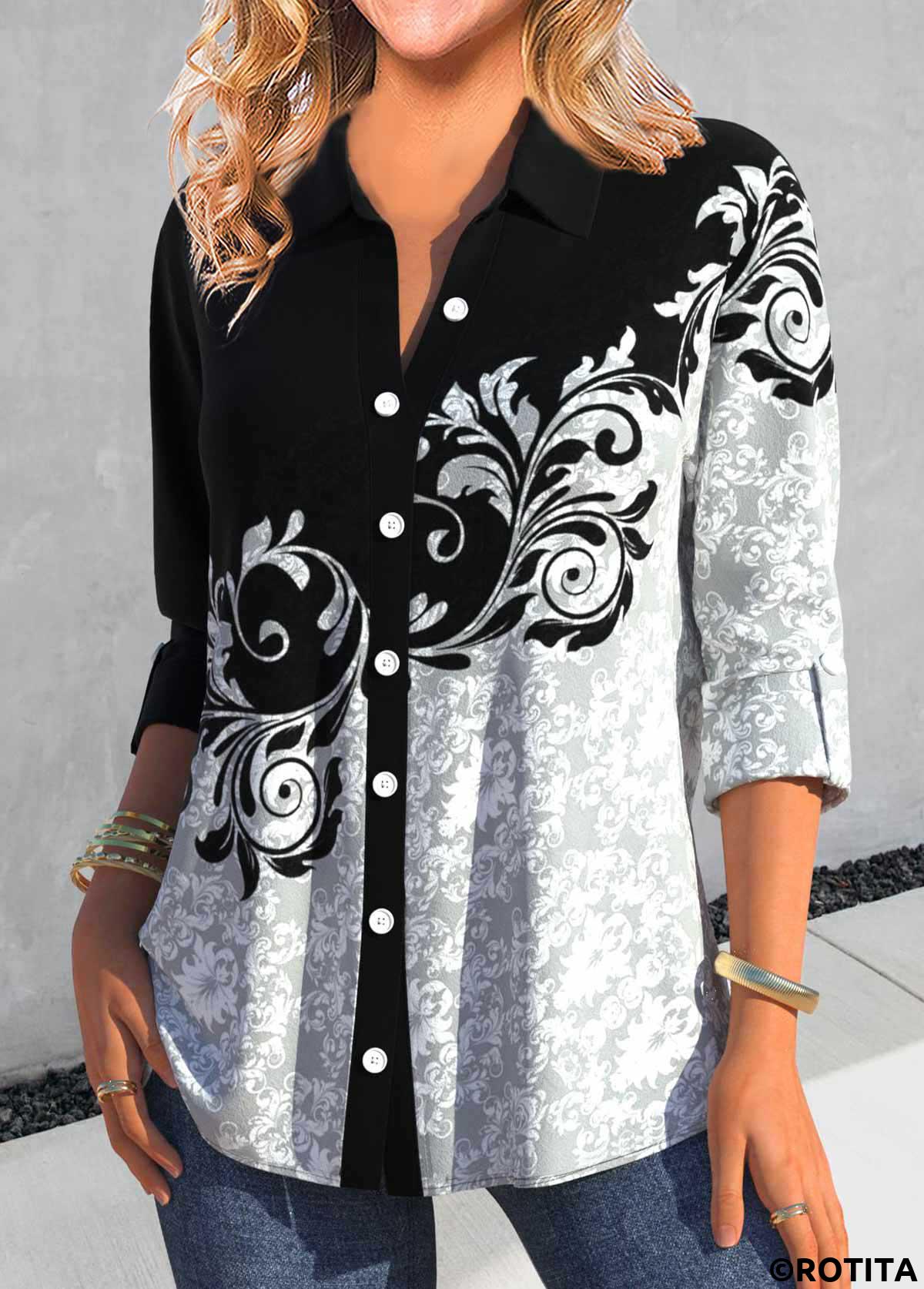 Black tops,White tops,Plants tops,ROTITA Asymmetry Random Floral Print Black Shirt Collar Blouse