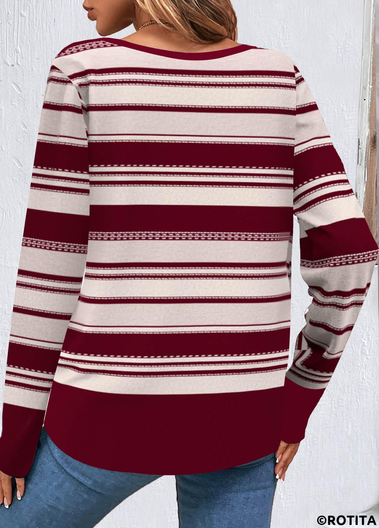 Wine Red tops,Striped tops,Geometric tops,ROTITA Button Striped Wine Red V Neck Sweatshirt