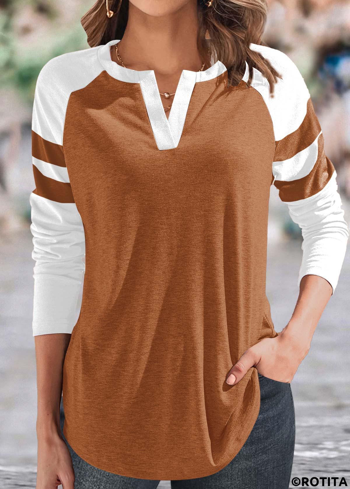 Dark Camel tops,White tops,Contrast Color tops,ROTITA Patchwork Dark Camel Split Neck T Shirt