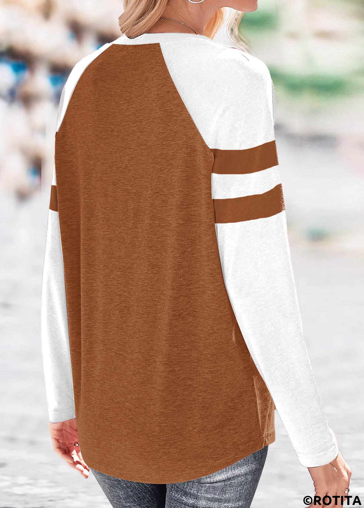 Dark Camel tops,White tops,Contrast Color tops,ROTITA Patchwork Dark Camel Split Neck T Shirt