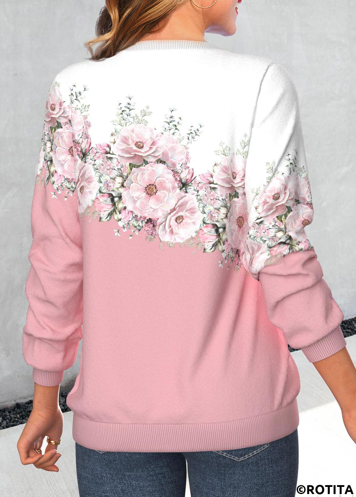 ROTITA Valentine's Day Patchwork Floral Print Pink Round Neck Sweatshirt