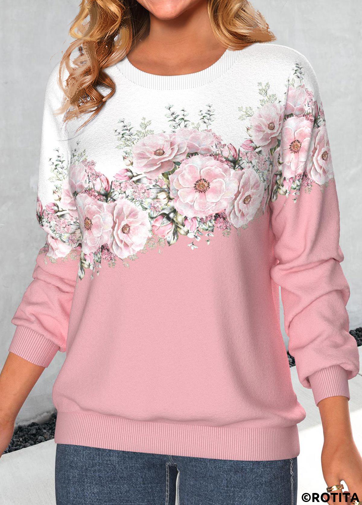 ROTITA Valentine's Day Patchwork Floral Print Pink Round Neck Sweatshirt