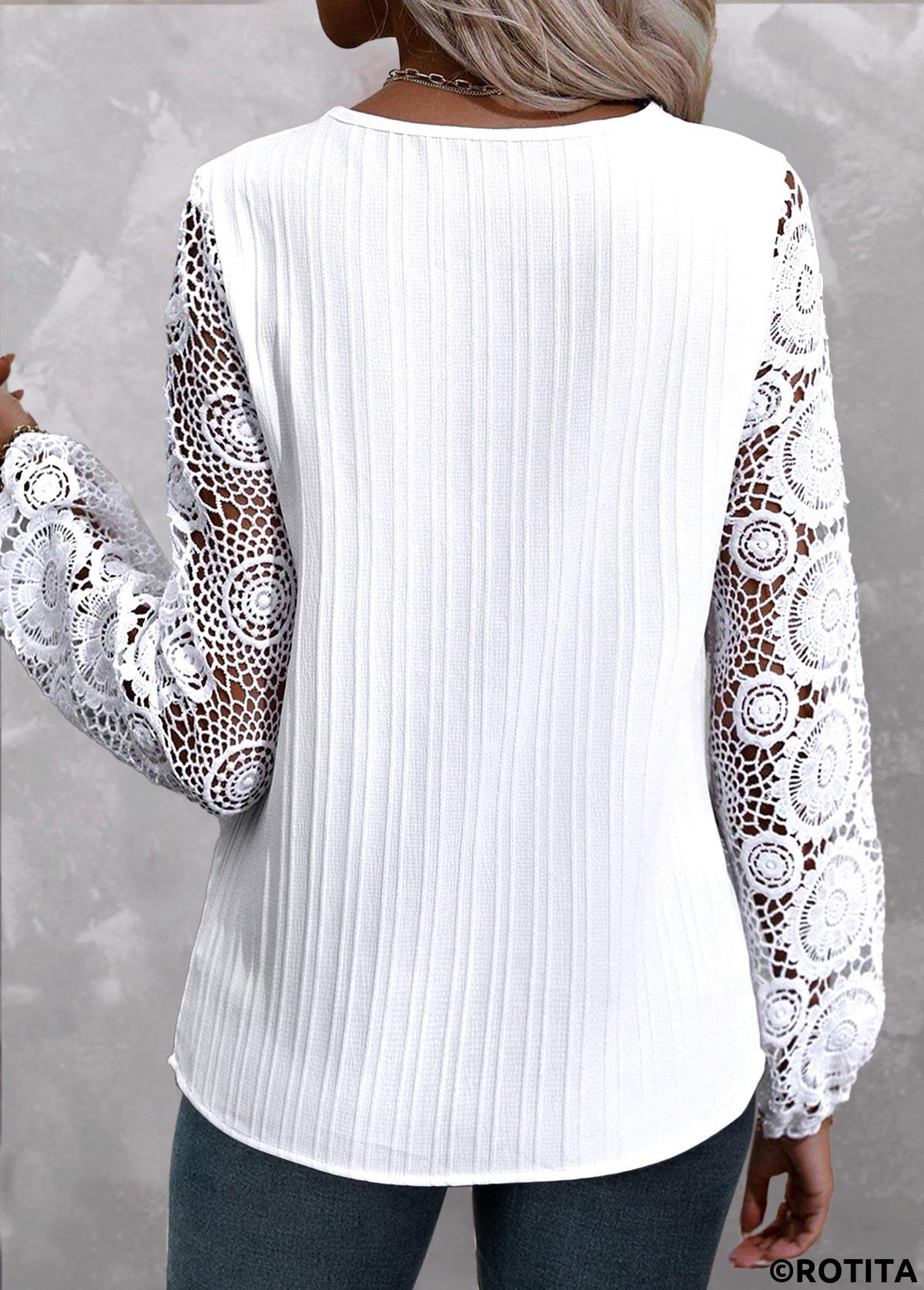 White tops,Plain Color tops,ROTITA Plus Size Lace White V Neck Long Sleeve Blouse