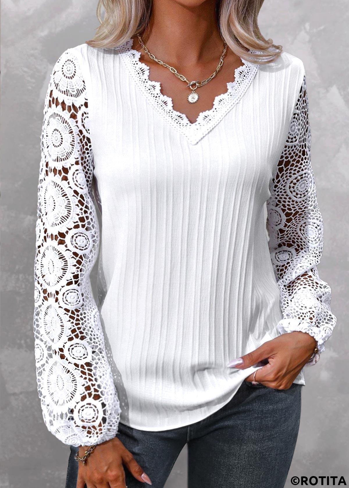 White tops,Plain Color tops,ROTITA Plus Size Lace White V Neck Long Sleeve Blouse