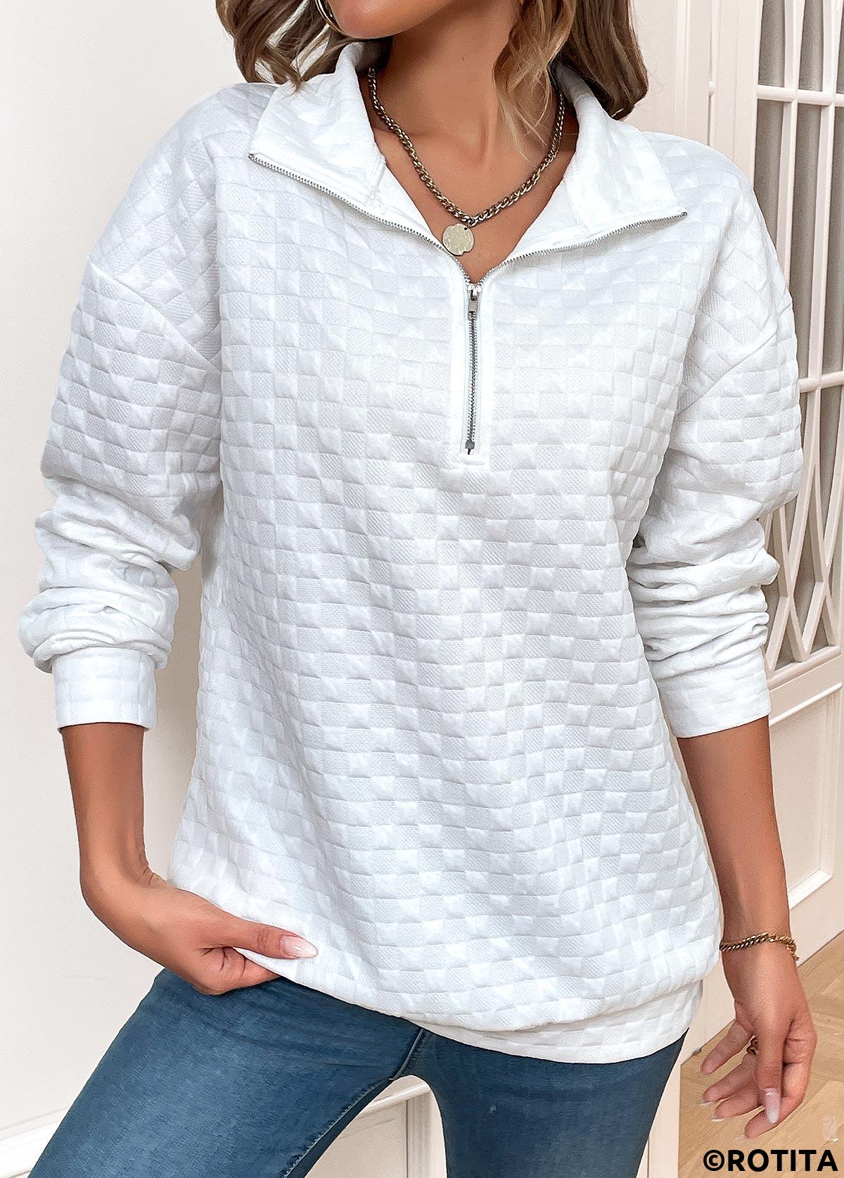 sweat-shirt blanc à manches longues et col rabattu avec fermeture éclair