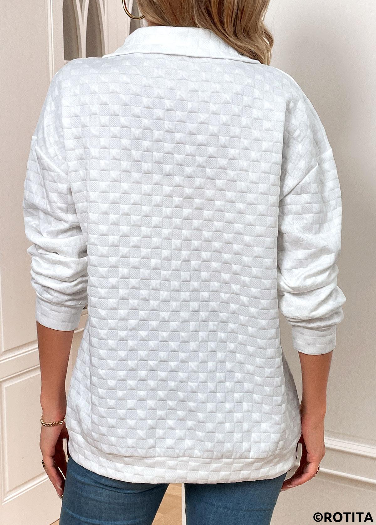 sweat-shirt blanc à manches longues et col rabattu avec fermeture éclair